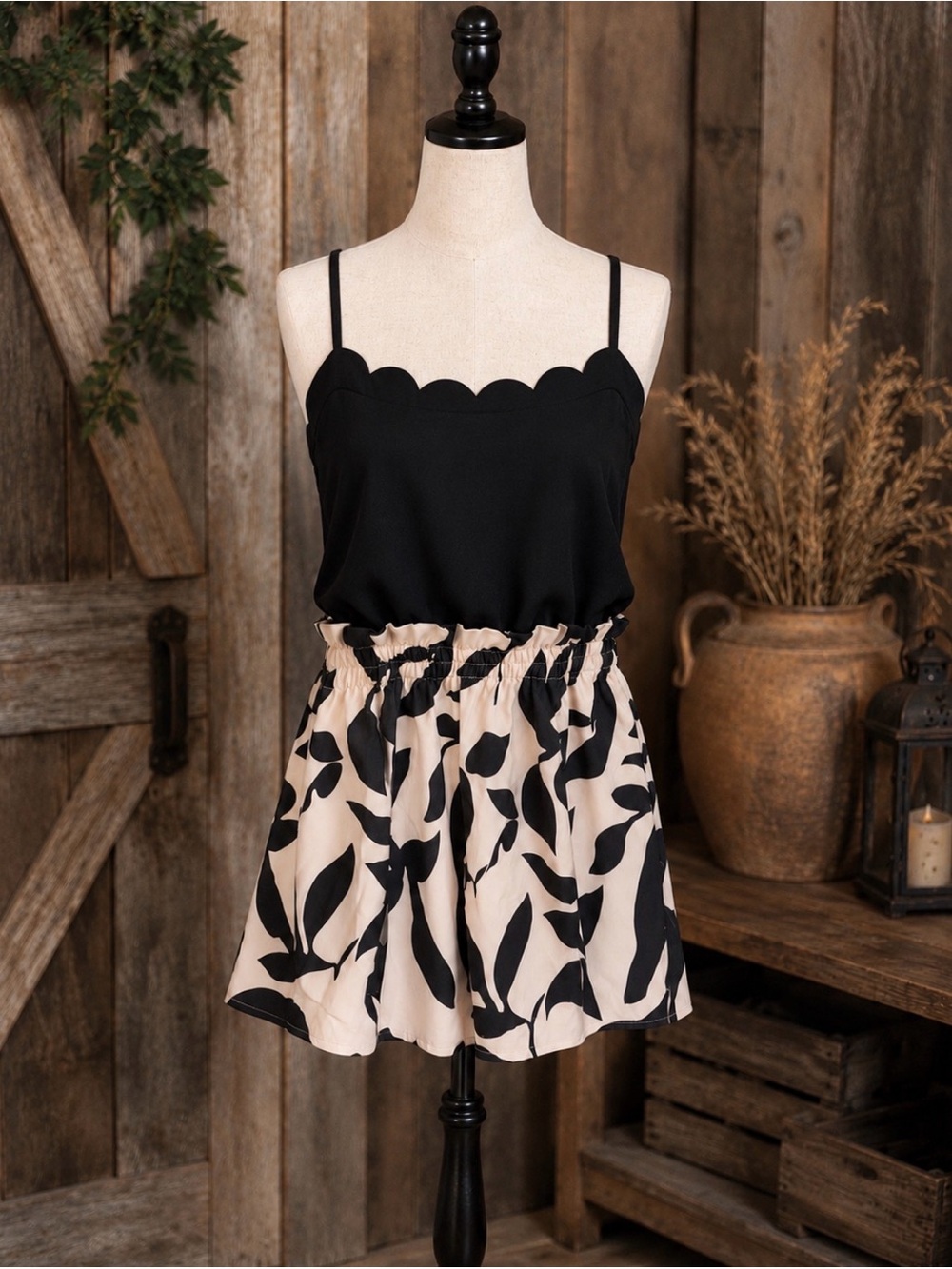 Scallop Neck Black Tank with Cream & Black Leaf Print Shorts